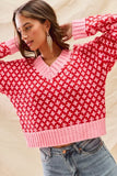 SO ME Color Block Textured Christmas Sweater V Neck Top