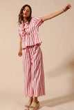 SO ME Front Tie Stripe Top With Puff Sleeves and Wide Leg Pants Set