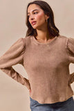 SO ME Mineral Washed Waffle Top With Puff Sleeves