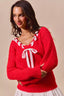 SO ME Satin Tape Braided Ribbon Tie V Neck Sweater
