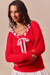 SO ME Satin Tape Braided Ribbon Tie V Neck Sweater
