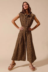SO ME Wide Leg Leopard Twill Overalls Jumpsuit with Tuck