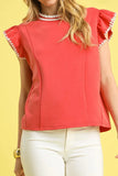 Umgee Contrast Trim Ruffle Cap Sleeve Blouse