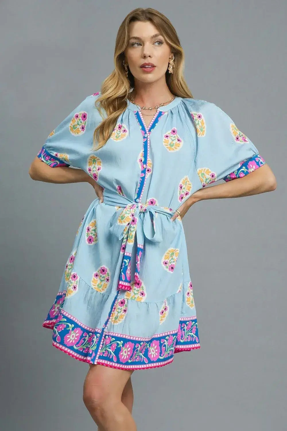 Umgee Floral Print Tie Waist Short Sleeve Dress