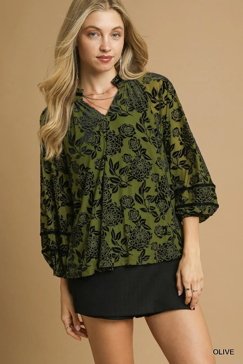 Umgee Full Size Floral Velvet Blouse with Balloon Sleeves Plus Size