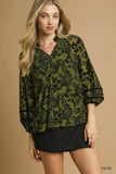 Umgee Full Size Floral Velvet Blouse with Balloon Sleeves Plus Size