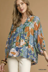 Umgee Multicolor Abstract Floral Print Blouse with Ruffle Neck