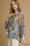 Umgee Multicolor Abstract Floral Print Blouse with Ruffle Neck