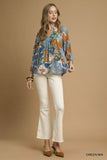 Umgee Multicolor Abstract Floral Print Blouse with Ruffle Neck