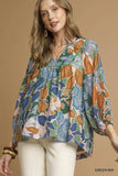 Umgee Multicolor Abstract Floral Print Blouse with Ruffle Neck