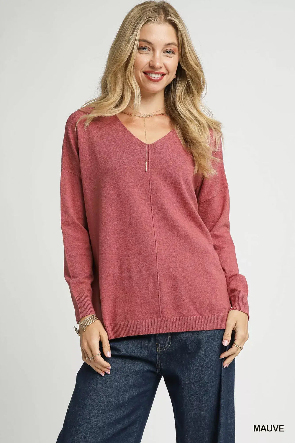 Umgee V-Neck High Low Hem Knit Top with Side Slit