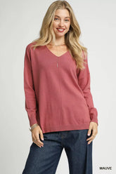 Umgee V-Neck High Low Hem Knit Top with Side Slit