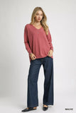 Umgee V-Neck High Low Hem Knit Top with Side Slit