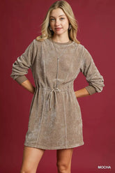 Umgee Velour Drawstring Mini Dress with Long Sleeves