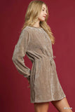 Umgee Velour Drawstring Mini Dress with Long Sleeves