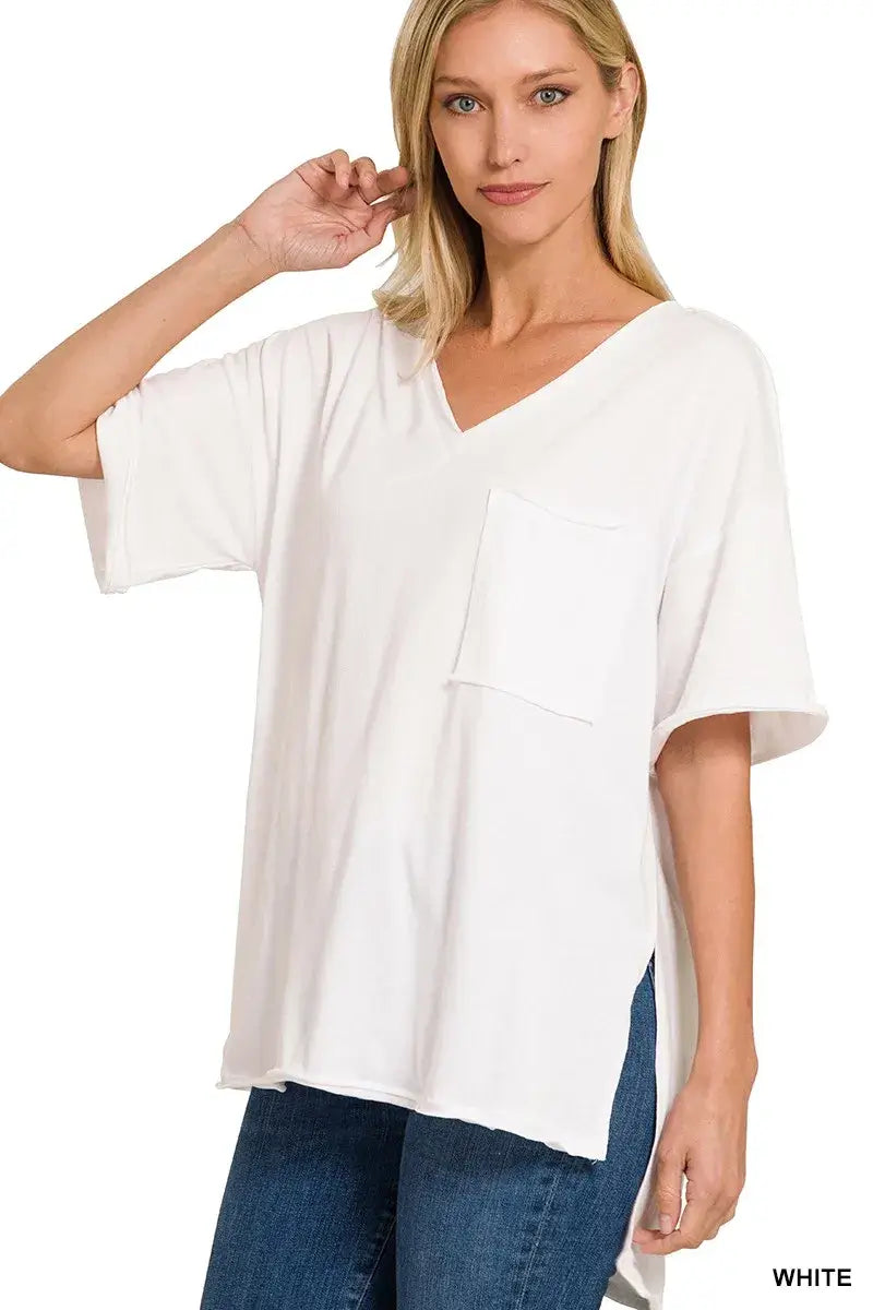 Zenana Front Pocket Raw Edge Boyfriend Tee