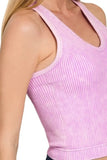 Zenana Washed Ribbed Seamless Bra Padded V-neck Tank Top
