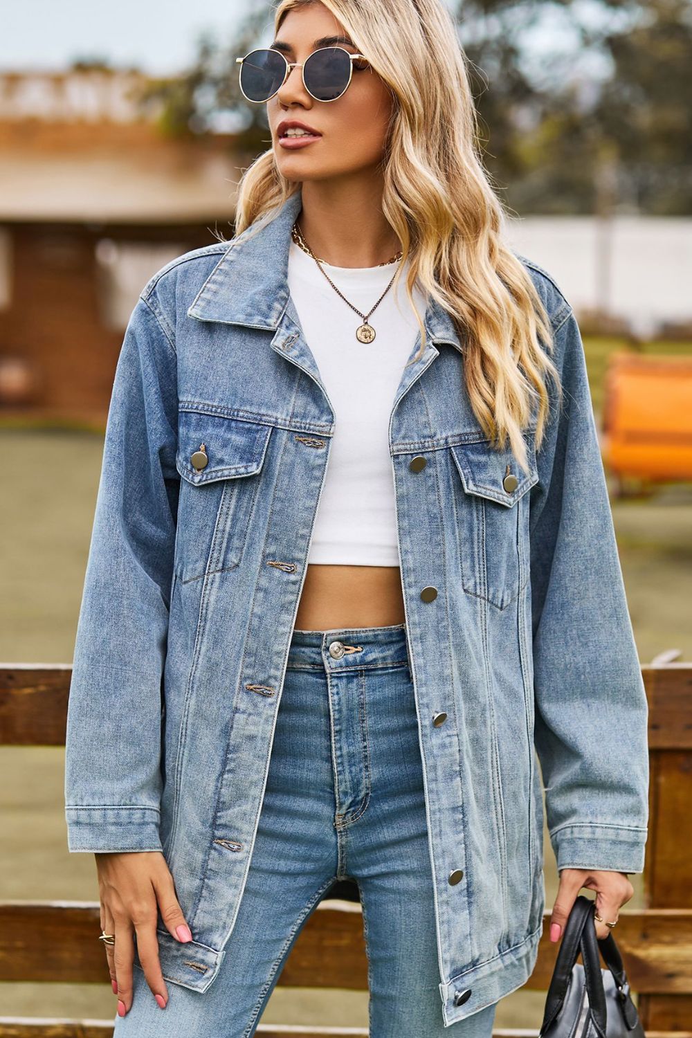 Buttoned Collared Neck Denim Jacket with Pockets - felvior