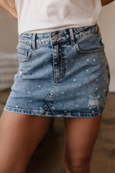 Rhinestone Distressed Denim Mini Skirt