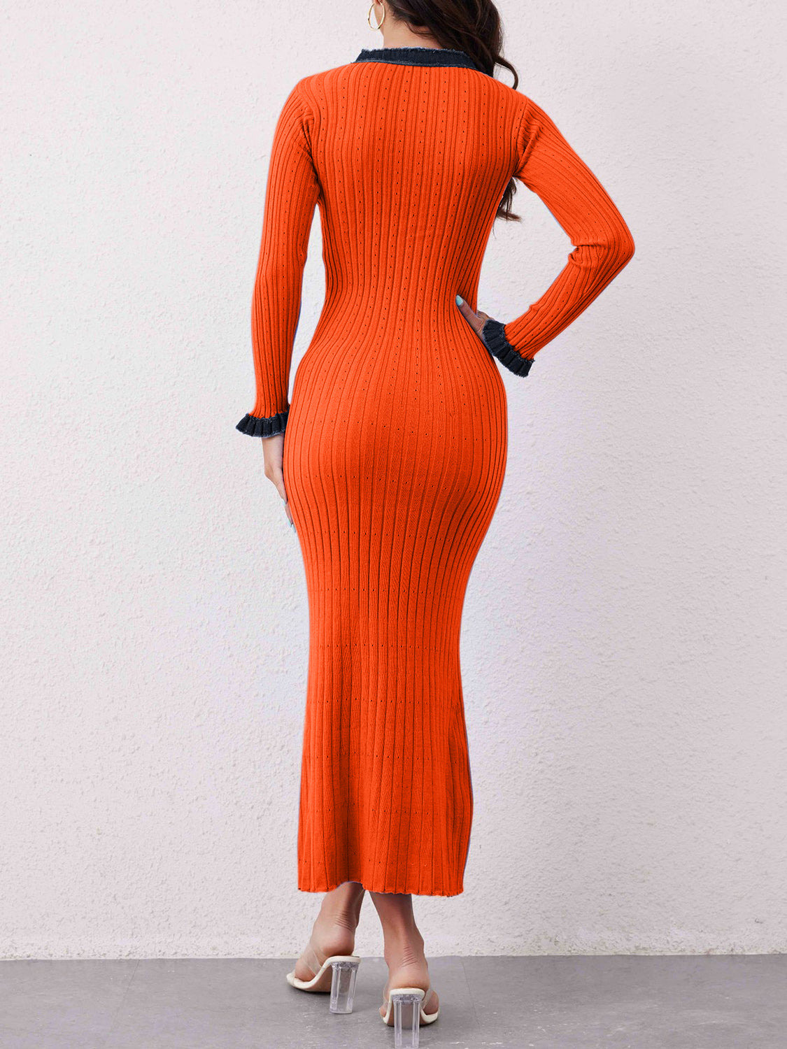 Contrast Trim Round Neck Long Sleeve Sweater Dress - felvior
