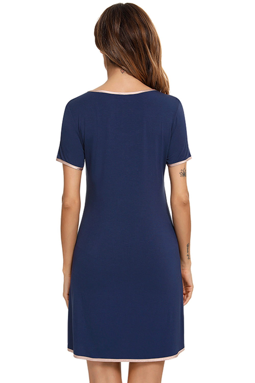 Contrast Trim Pocketed Round Neck Lounge Dress - felvior
