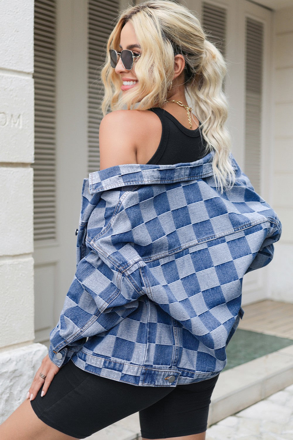 Checkered Button Up Long Sleeve Denim Jacket - felvior