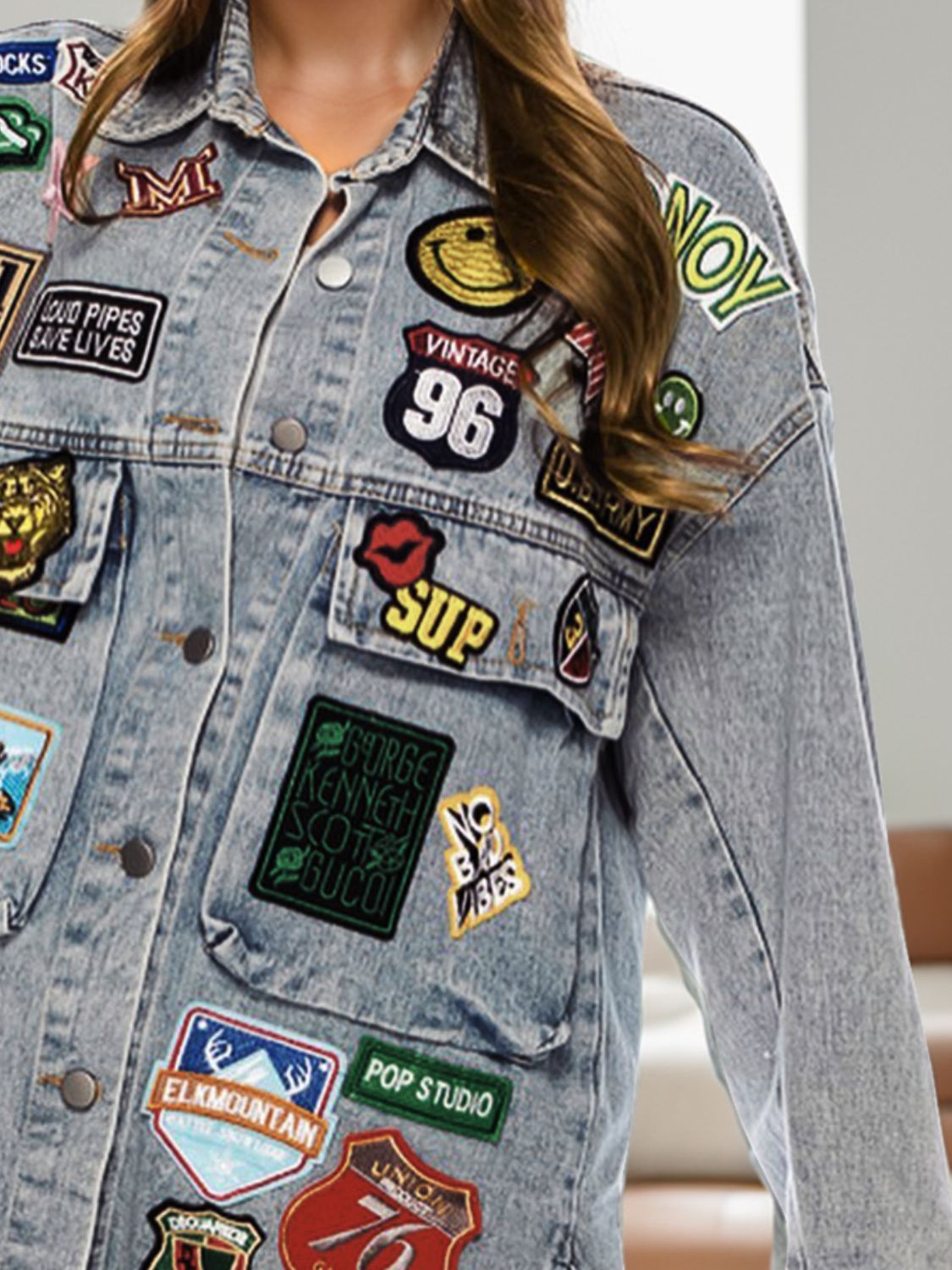 Embroidered Patch Button Up Long Sleeve Denim Jacket - felvior
