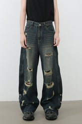 Men's Frayed Hem Distressed Wide Leg Jeans