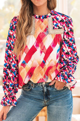 Abstract Geometric Pattern Flounce Sleeve Blouse