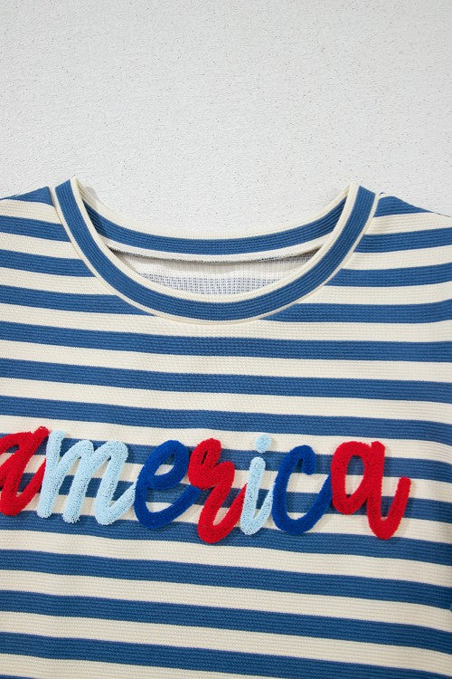 AMERICA Striped Round Neck Puff Sleeve Top - felvior