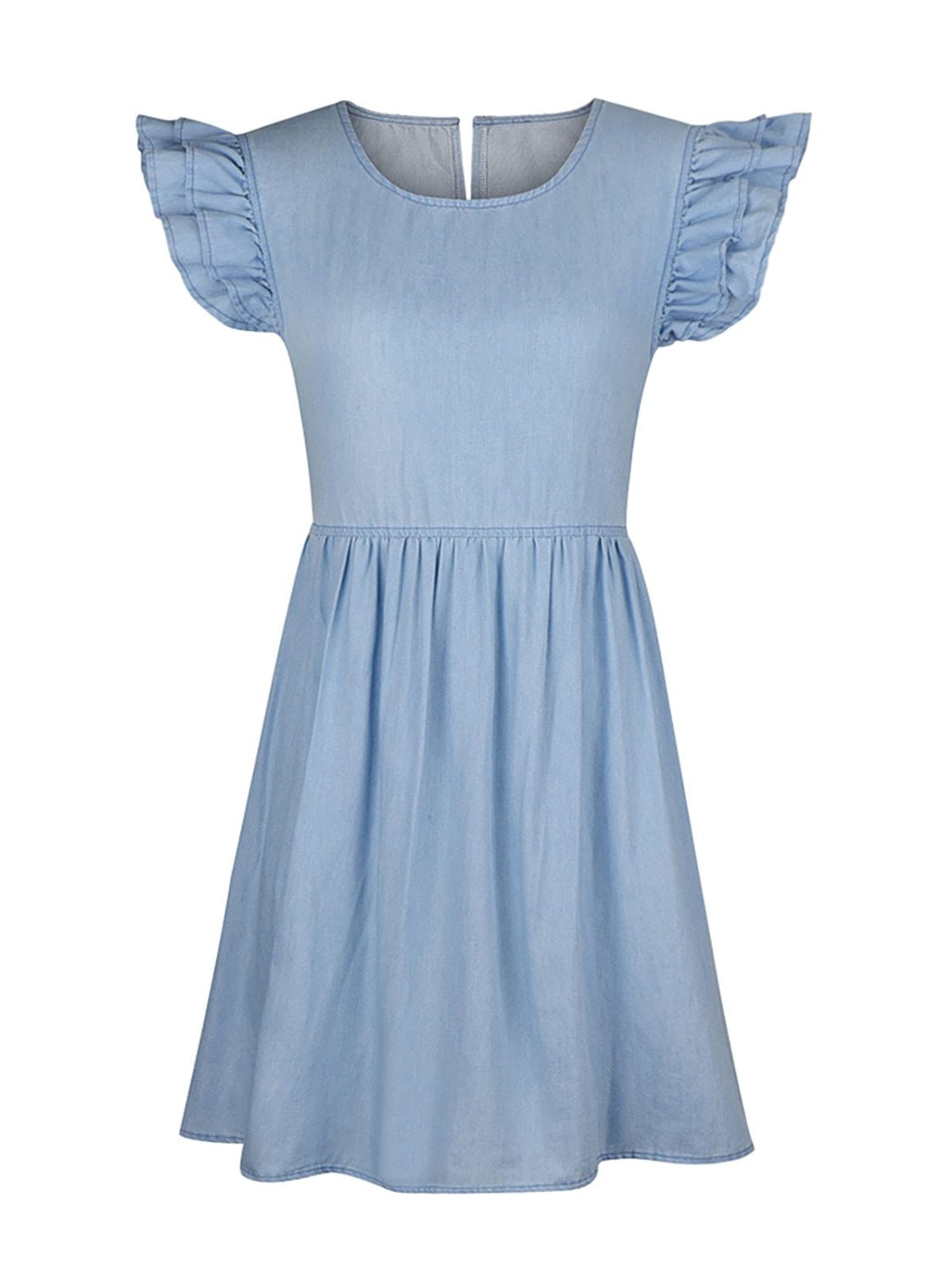 Full Size Ruffled Round Neck Cap Sleeve Denim Dress - felvior