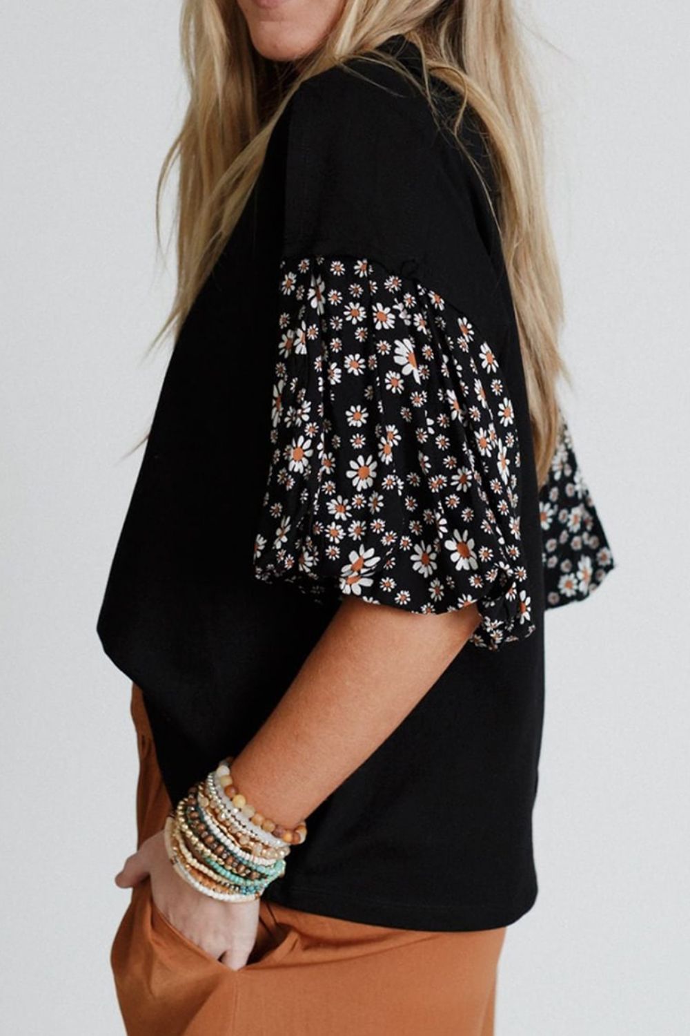 Contrast Floral Puff Sleeve Oversized Top - felvior