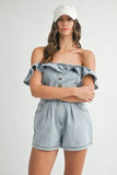 MABLE Off Shoulder Ruffle Detail Denim Romper