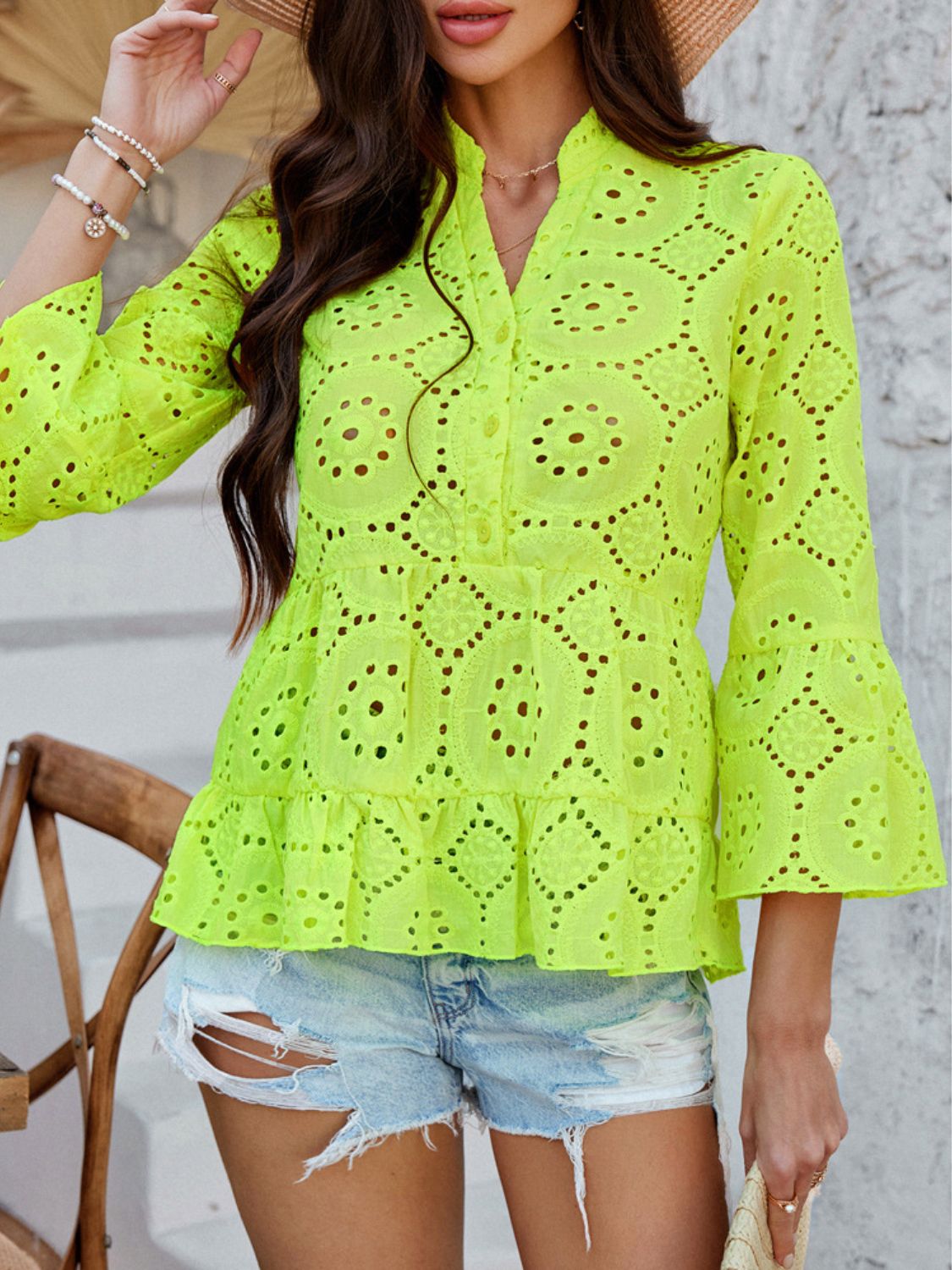 Devine Half Button Flounce Sleeve Peplum Blouse - felvior