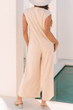 Textured Button Front Wide Leg Cap Sleeve Jumpsuit
