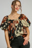 Umgee Full Size Print Round Neck Puff Sleeve Top Plus Size