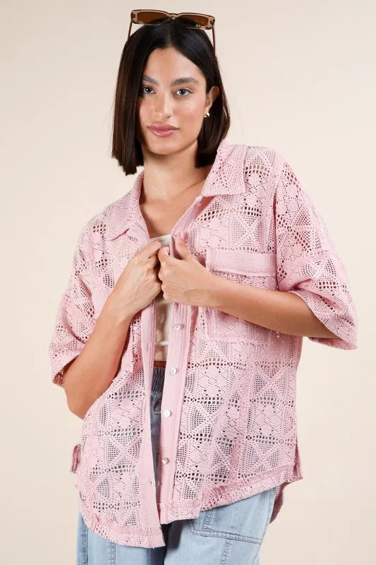 VERY J Plus Size Oversized Crochet Button Down Shirt Top