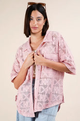VERY J Plus Size Oversized Crochet Button Down Shirt Top
