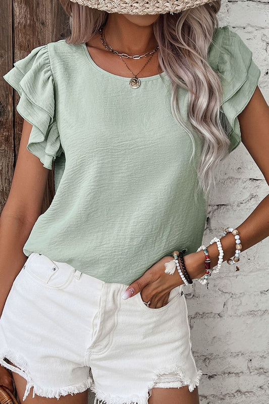 V-Neck Ruffled Cap Sleeve Blouse - felvior