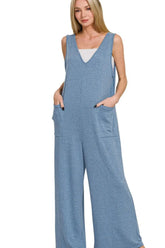 Zenana French Terry Deep V Neck Jumpsuits
