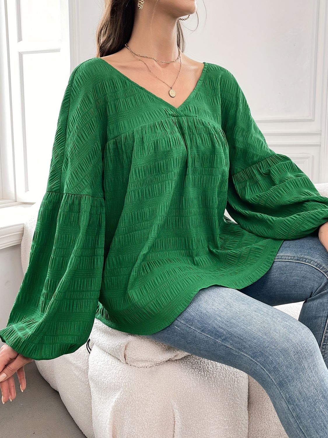 Plus Size Texture V-Neck Long Sleeve Top - felvior