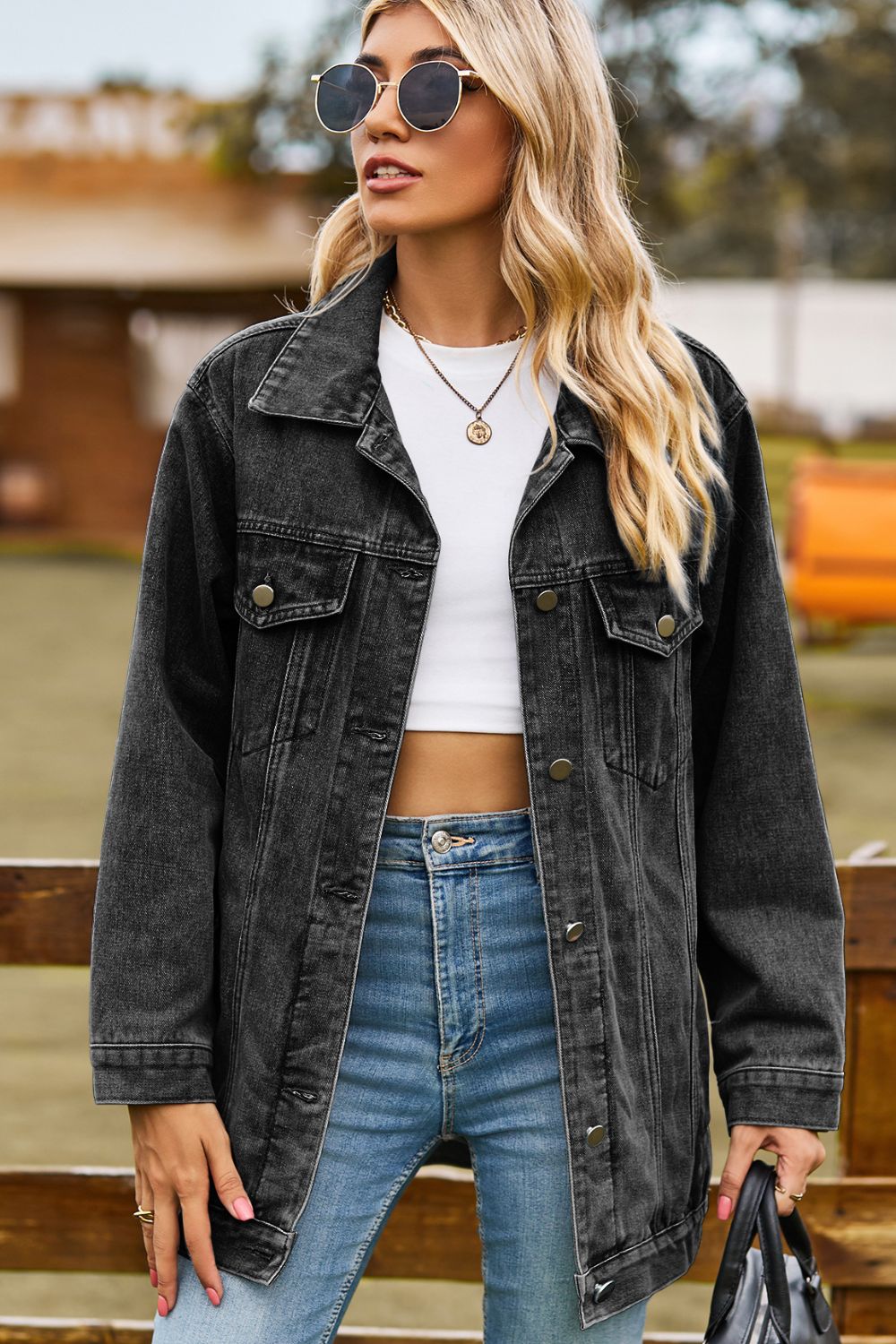 Buttoned Collared Neck Denim Jacket with Pockets - felvior