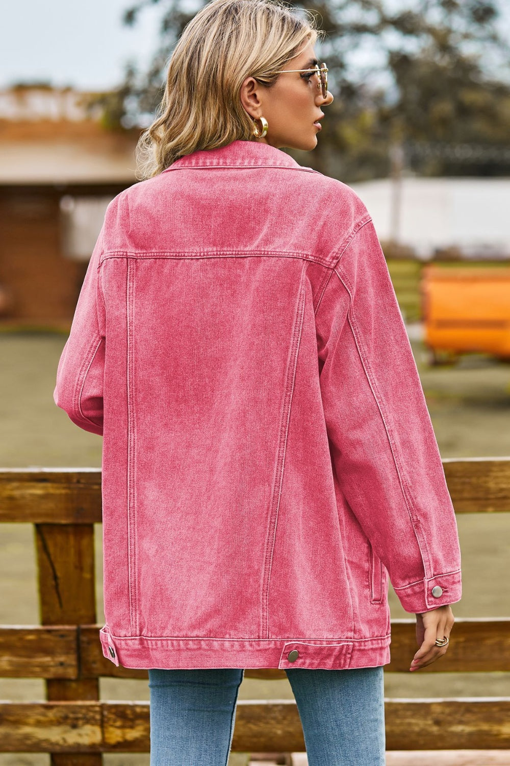 Buttoned Collared Neck Denim Jacket with Pockets - felvior