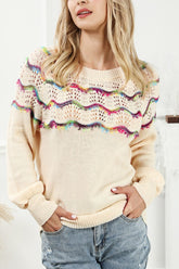 Openwork Wavy Striped Round Neck Sweater