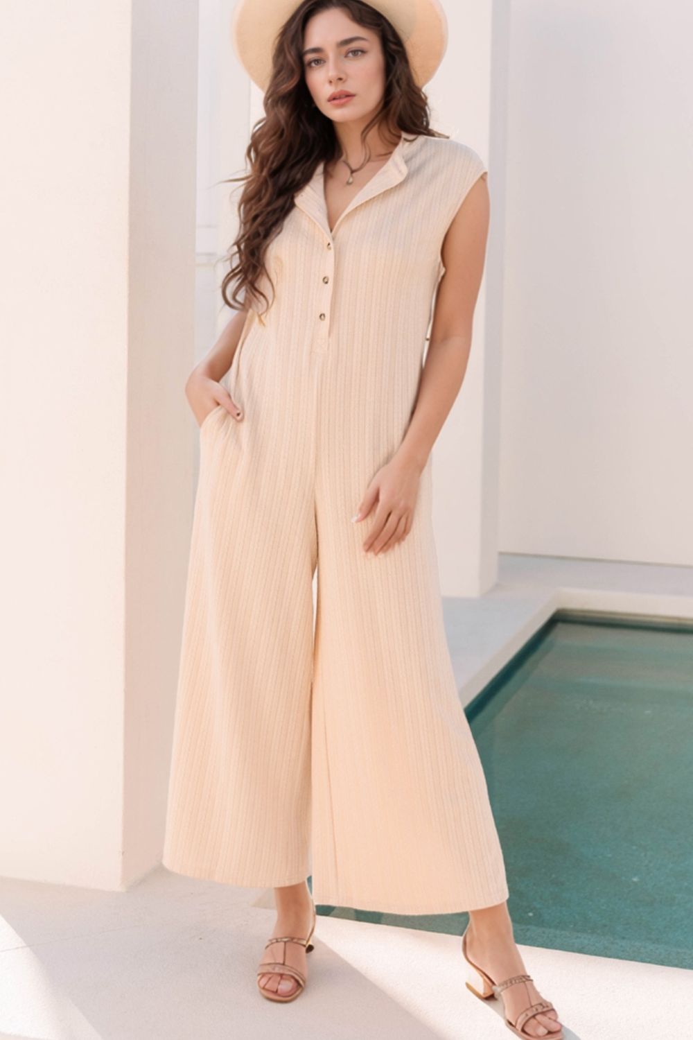 Textured Button Front Wide Leg Cap Sleeve Jumpsuit