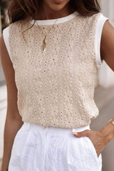 Floral Textured Crew Neck Sleeveless Top