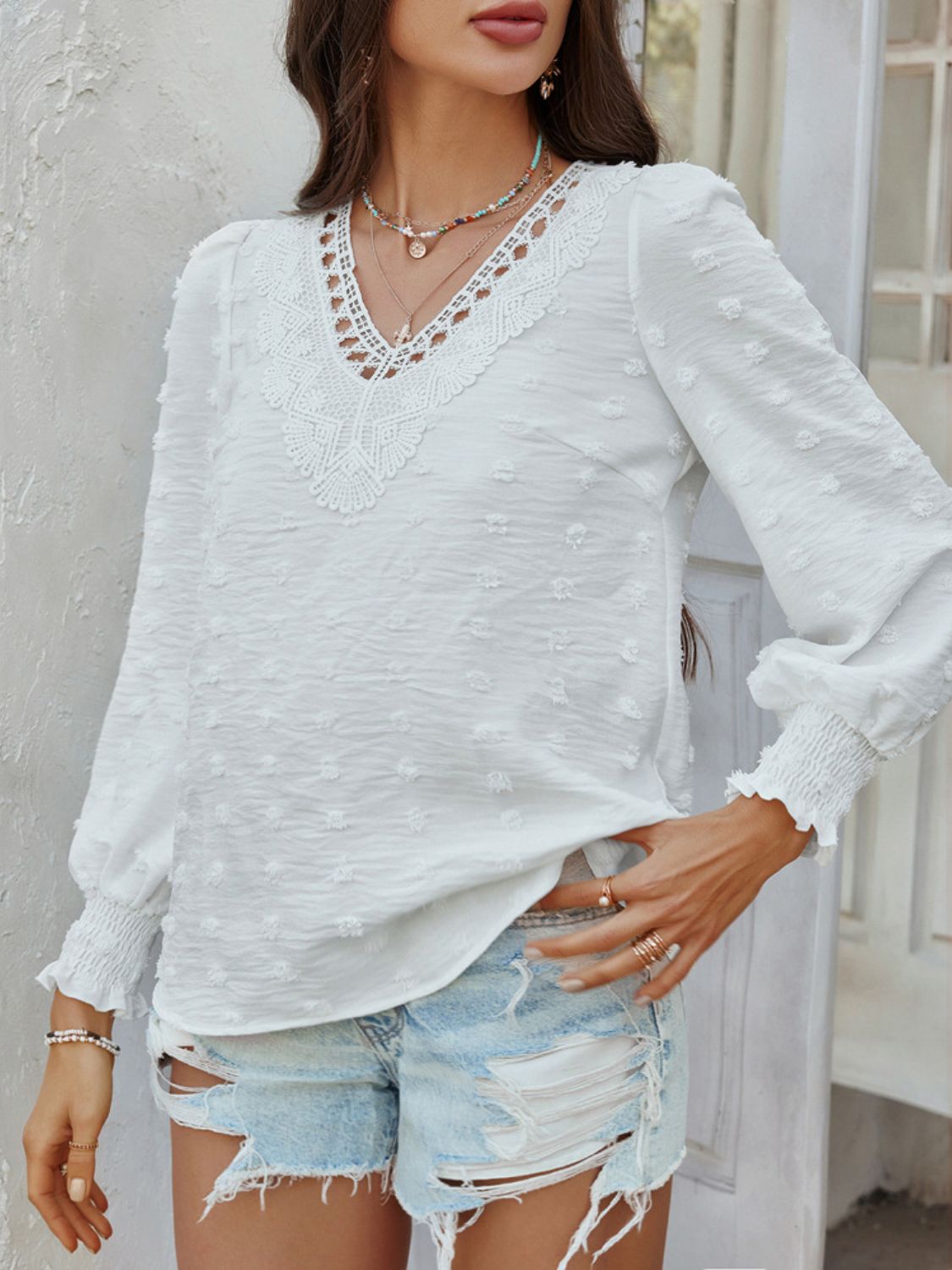 Devine Swiss Dot Lace Detail V-Neck Long Sleeve Blouse - felvior