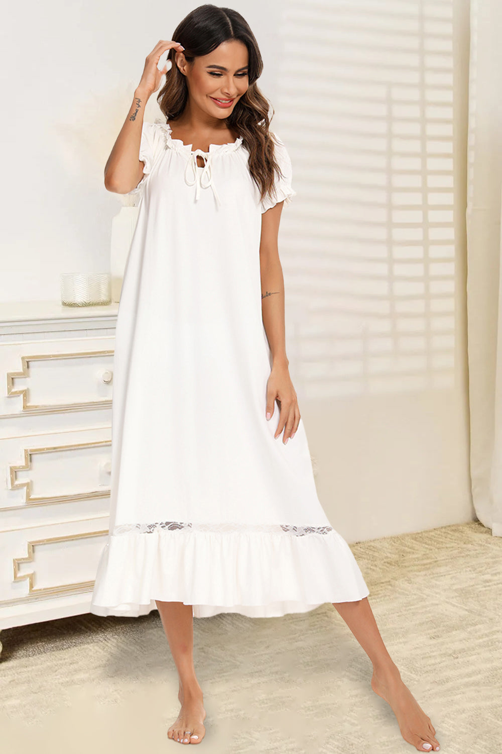 Lace Detail Short Sleeve Lounge Dress - felvior