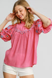 Umgee Full Size Embroidered Puff Sleeve Mock Neck Top Plus Size