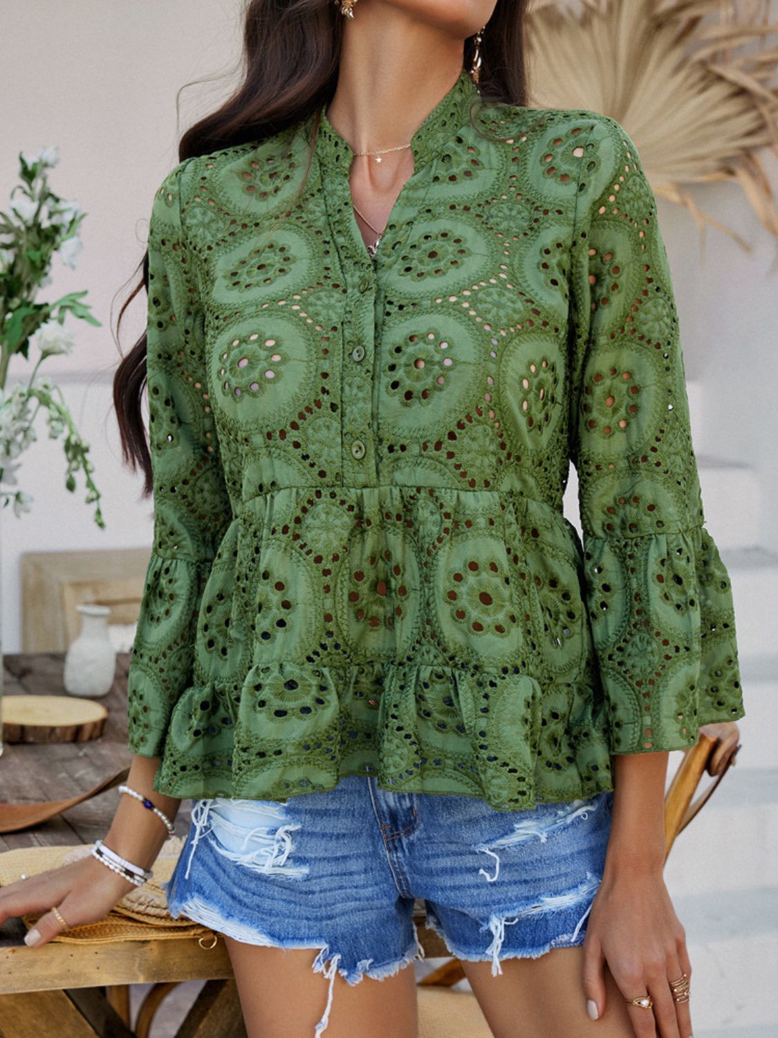 Devine Half Button Flounce Sleeve Peplum Blouse - felvior
